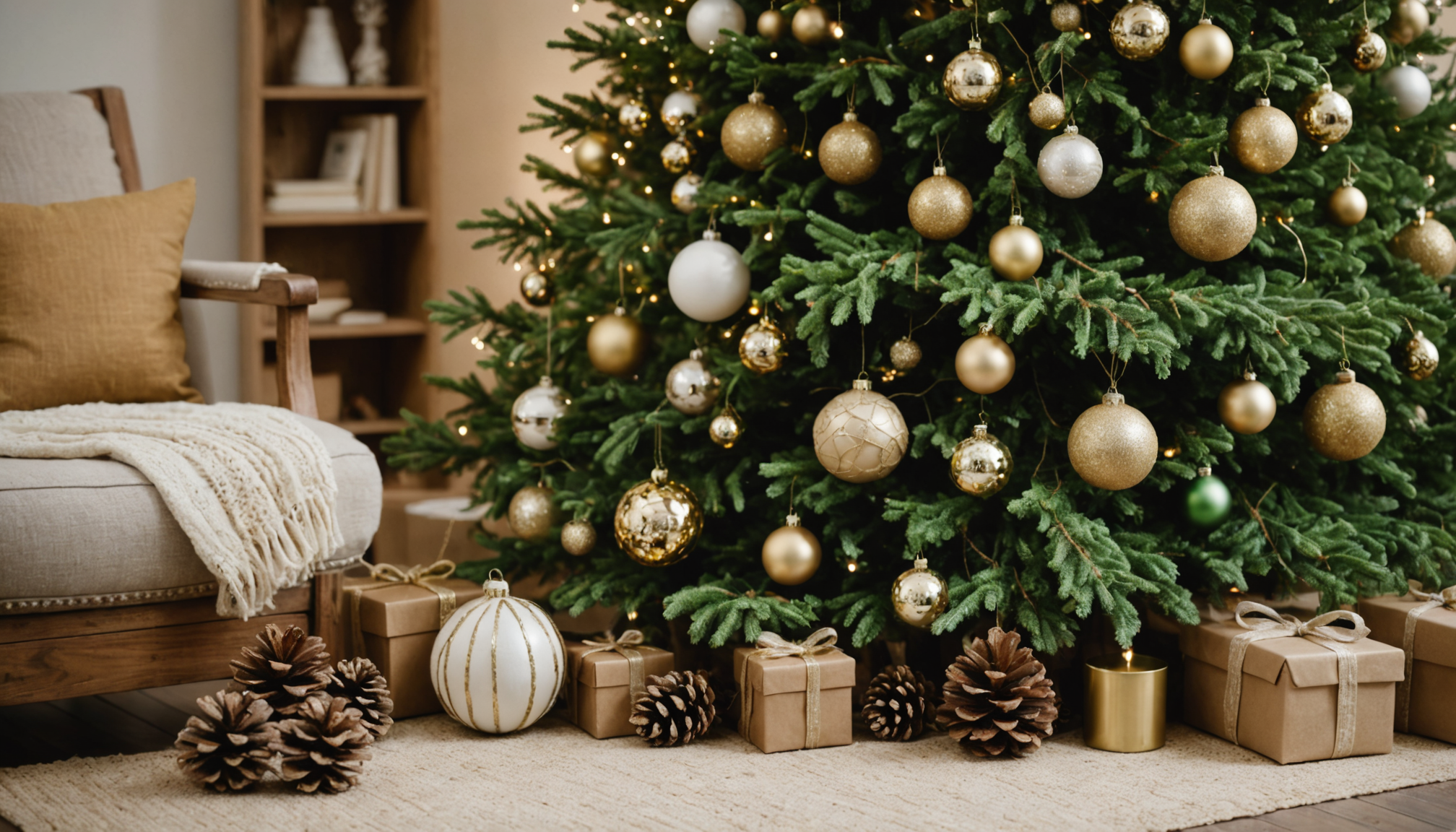 découvrez des idées simples et élégantes pour une décoration naturelle chic avec des touches de sapin, vert et or, créant un intérieur chaleureux et authentique.