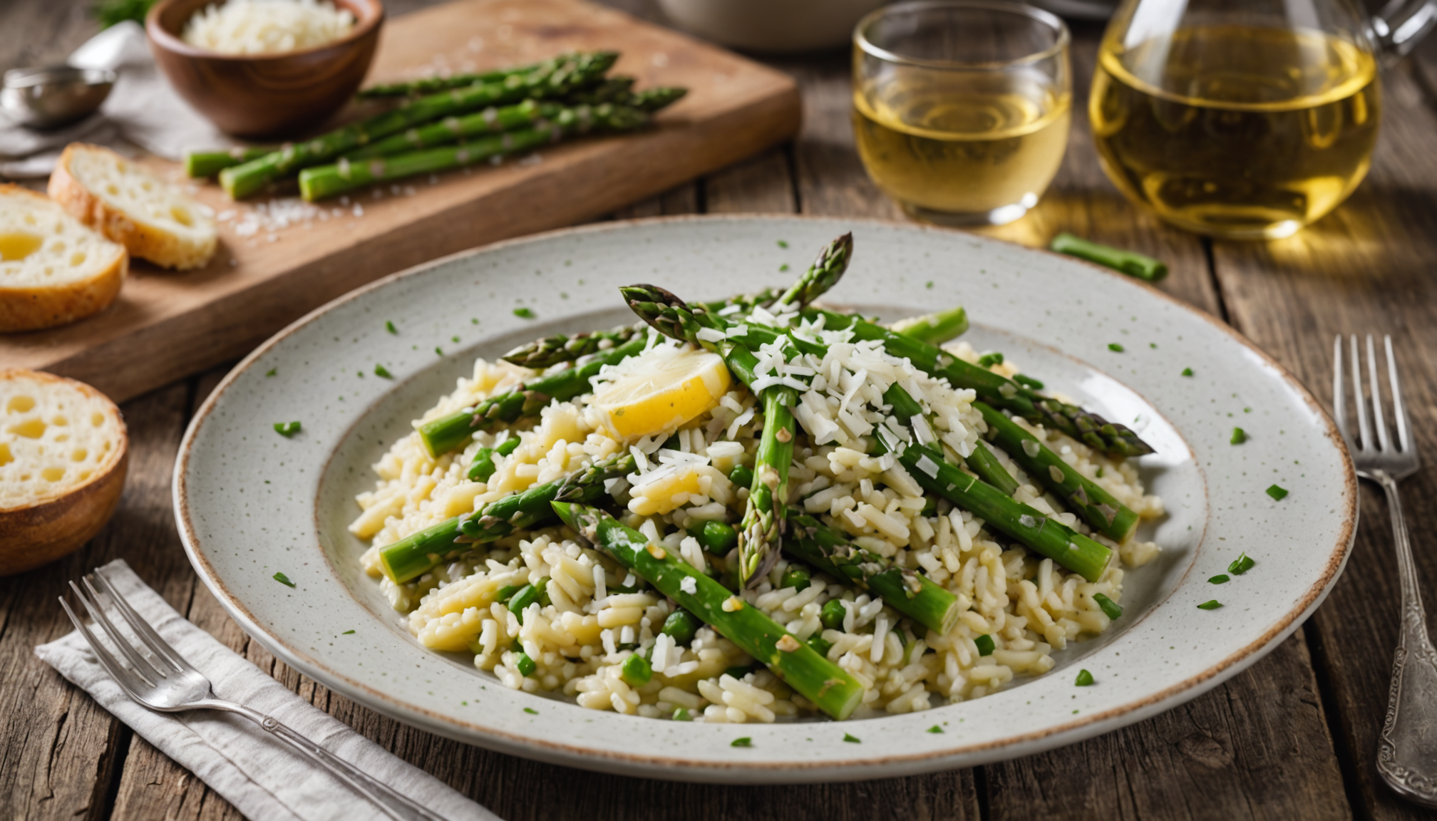 savourez un risotto crémeux aux asperges vertes, un délice printanier parfait pour un repas frais et gourmand.