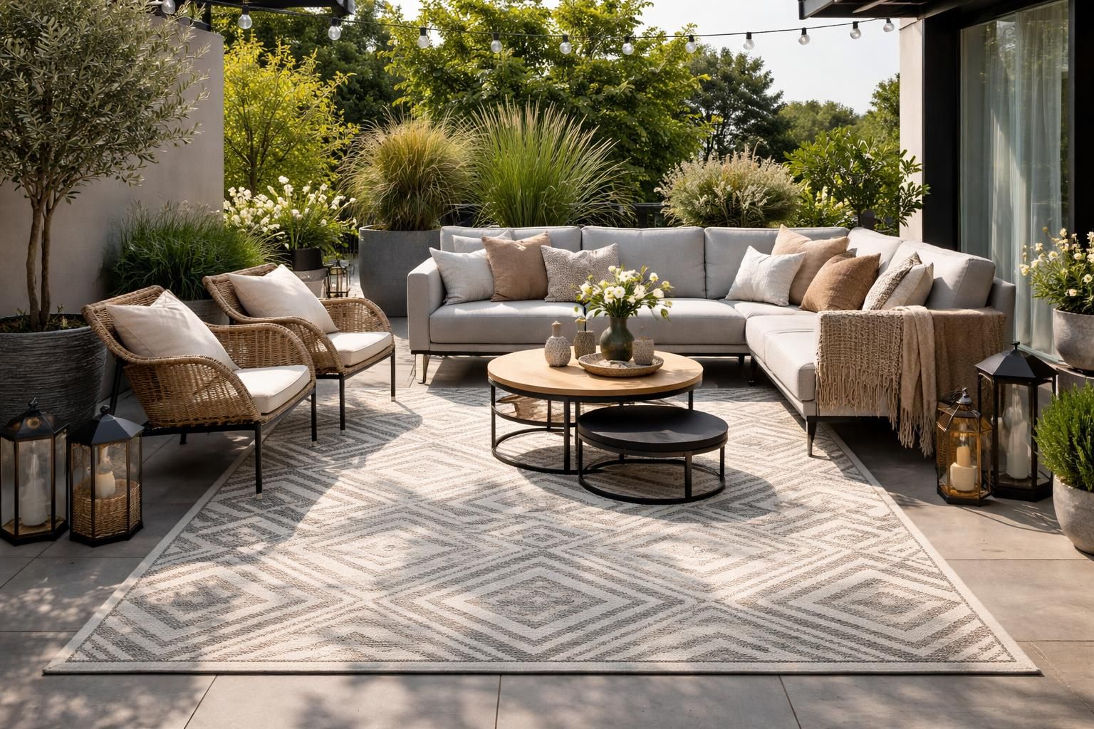 entdecken sie unsere outdoor-teppiche für die terrasse, die stil und komfort unter freiem himmel verbinden. perfekt für gemütliche stunden im freien.