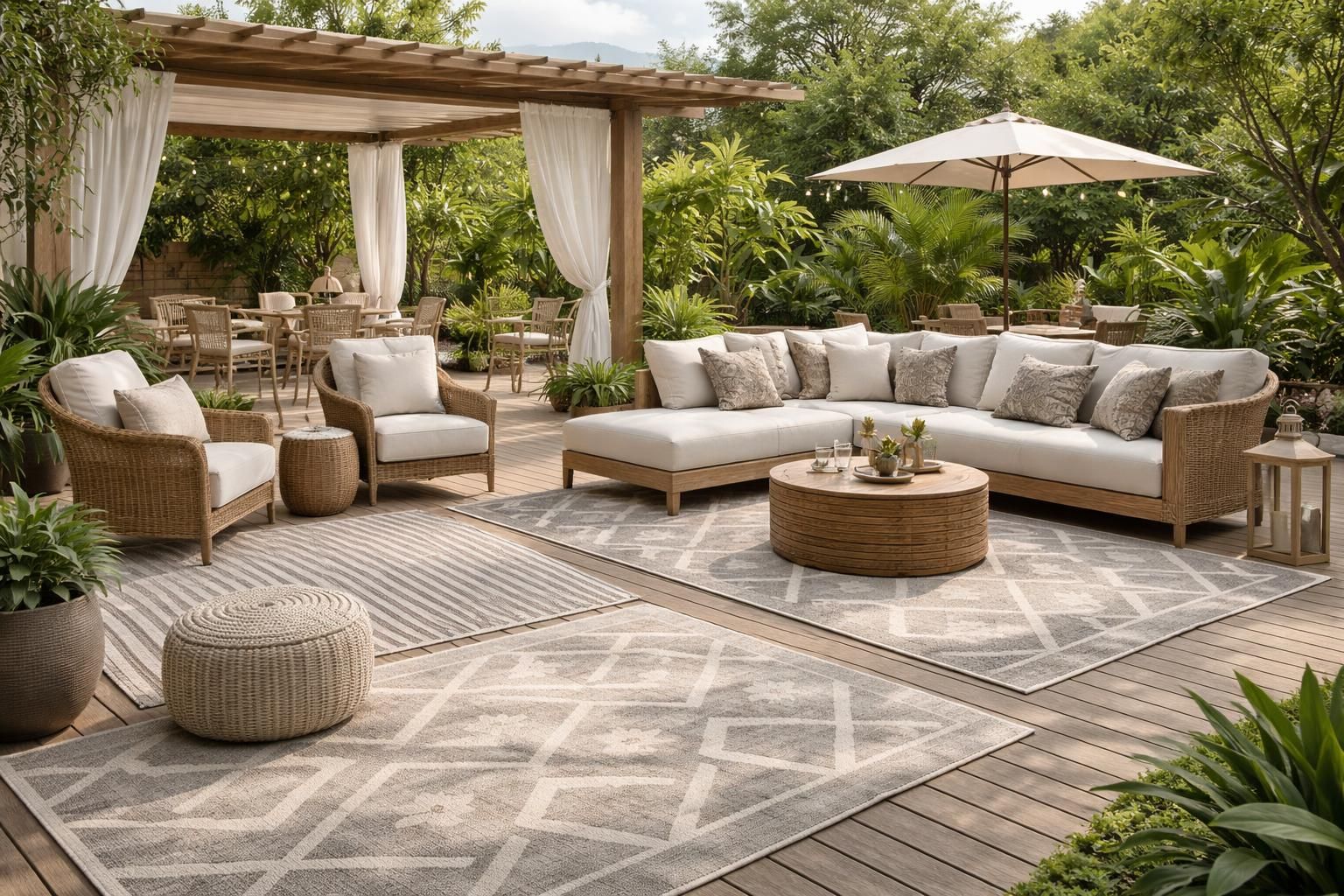 entdecken sie outdoor-teppiche für ihre terrasse, die stil und komfort im freien vereinen. wetterbeständig und langlebig – perfekt für gemütliche stunden unter freiem himmel.