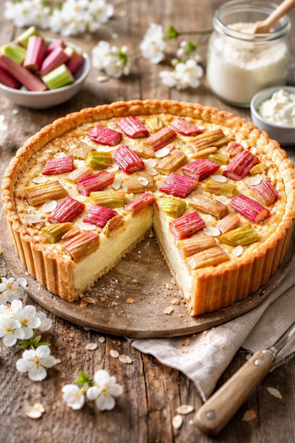 genießen sie unseren frühlingshaften rhabarberkuchen mit cremiger puddingfüllung – perfekt saftig und aromatisch für jede gelegenheit.