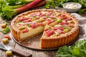 Rhabarberkuchen mit cremiger Puddingfüllung – ein frühlingshafter Genuss